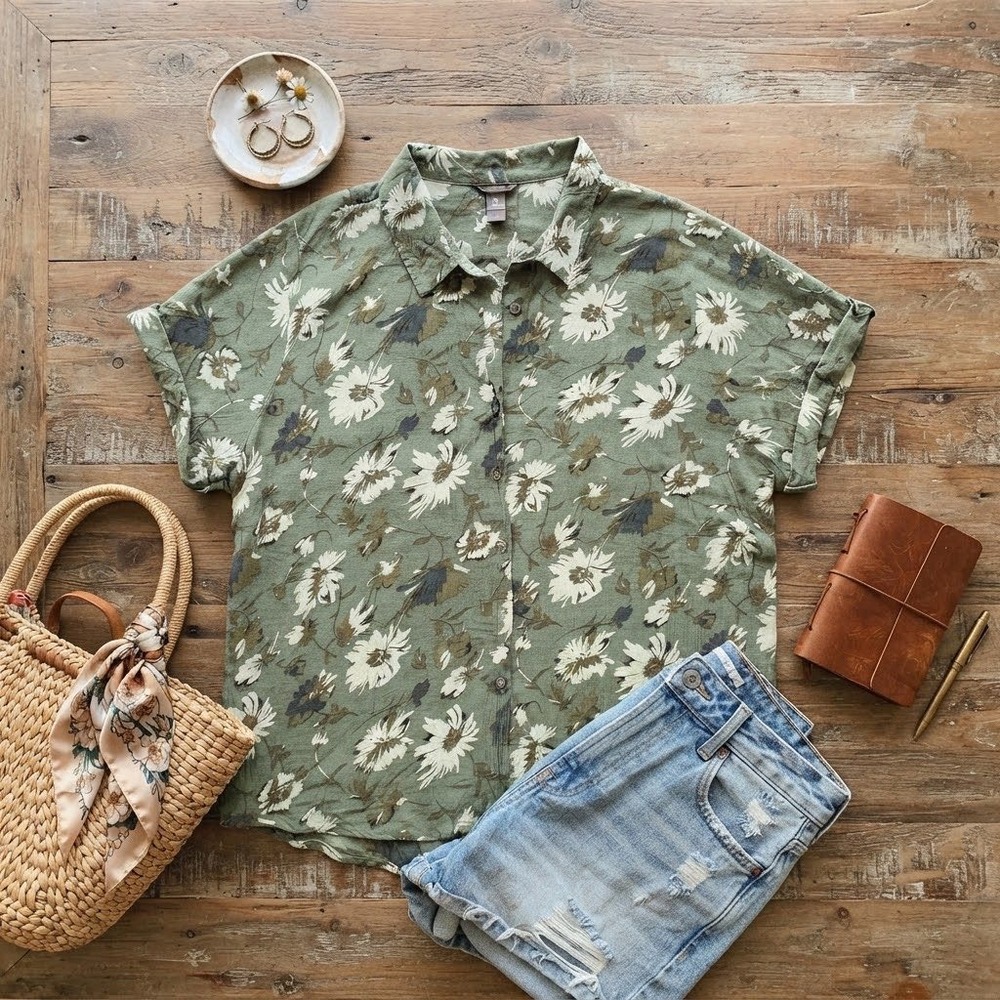 Eddie Bauer Womens 3X Green Floral Cotton Short Sleeve Button Up Shirt Top